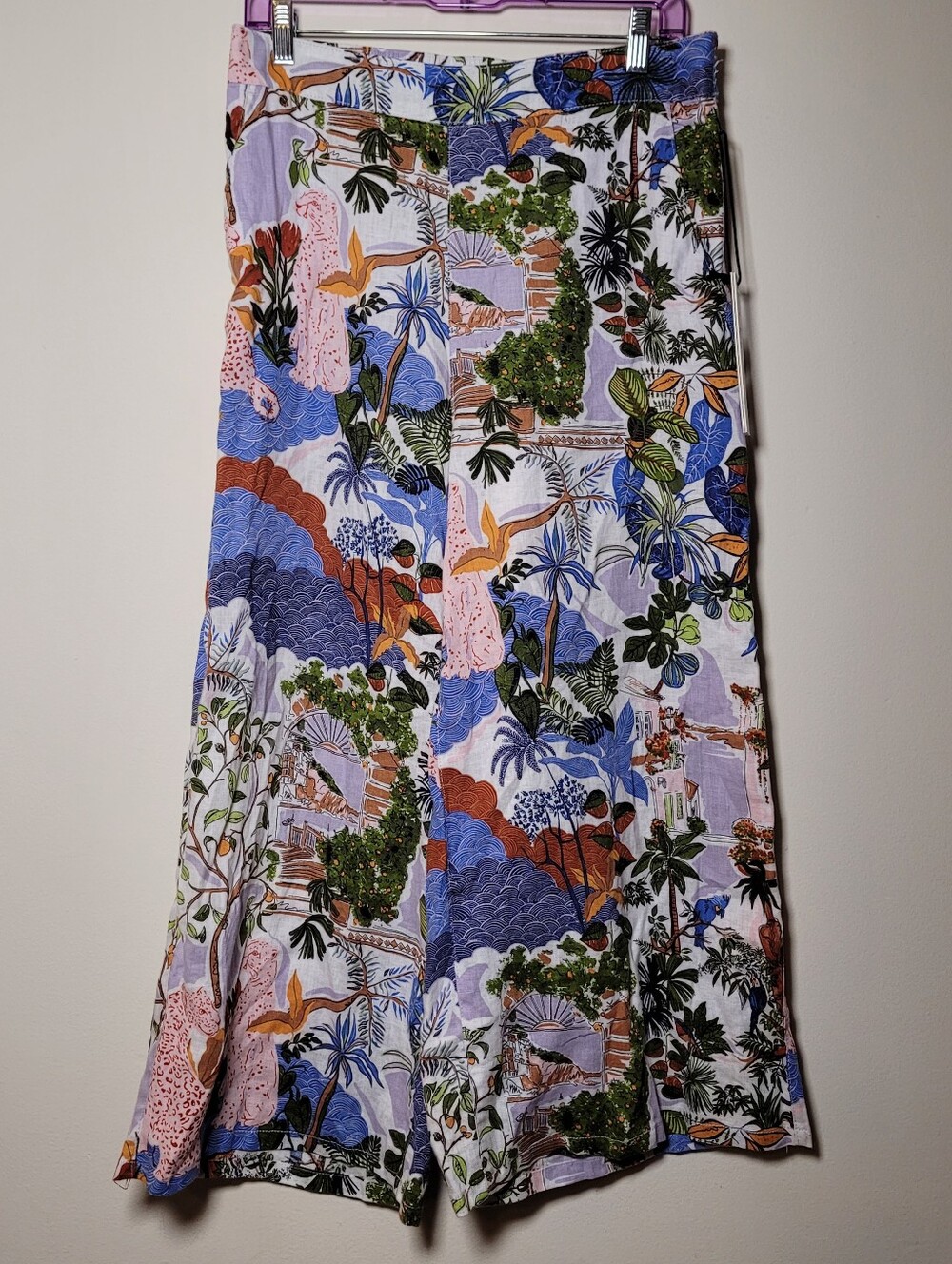 Nicole Miller Pullon Wide Leg Pants Tropical Print Large Pocket Linen Zoo Beach